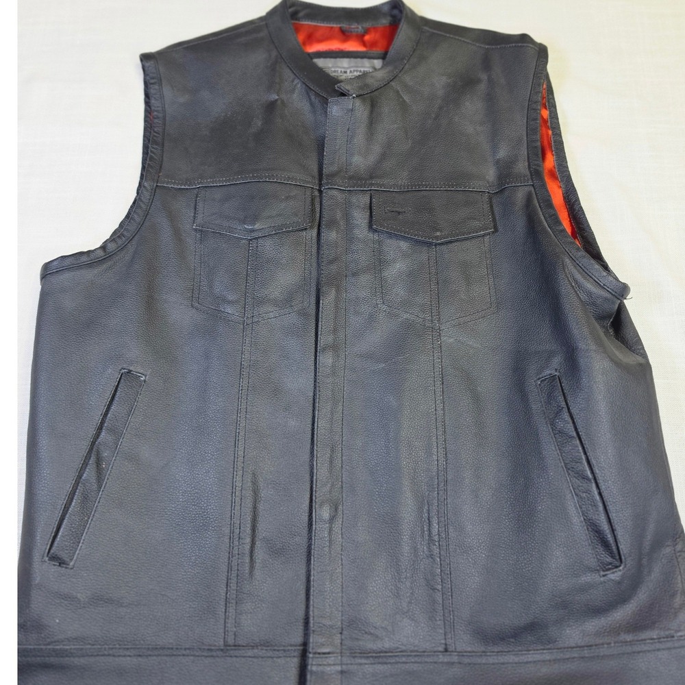 Dream Apparel Mens Black Leather Biker Vest Red Lining Concealed Carry Size 50